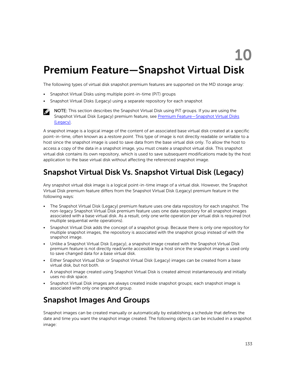 Premium feature—snapshot virtual disk, Snapshot images and groups, 10 premium feature—snapshot virtual disk | Premium feature---snapshot virtual disk | Dell PowerVault MD3820f User Manual | Page 133 / 243