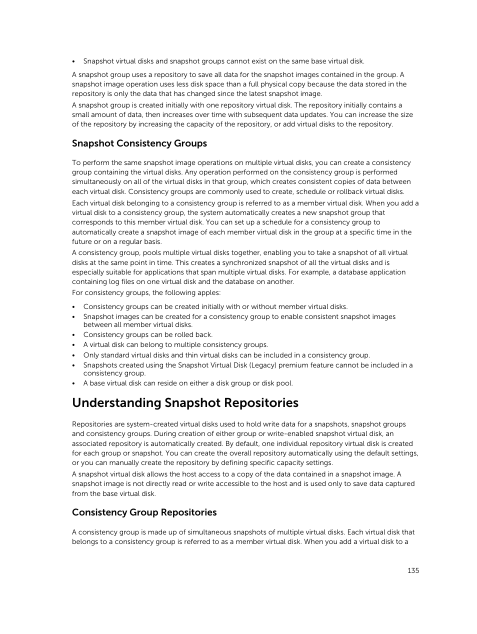 Snapshot consistency groups, Understanding snapshot repositories, Consistency group repositories | Dell PowerVault MD3820f User Manual | Page 135 / 243