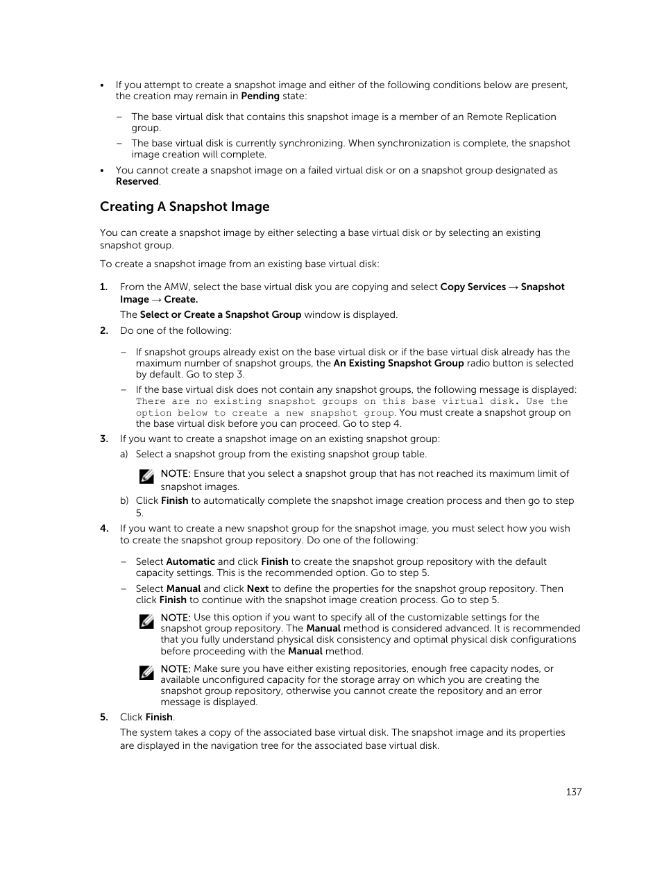 Creating a snapshot image | Dell PowerVault MD3820f User Manual | Page 137 / 243