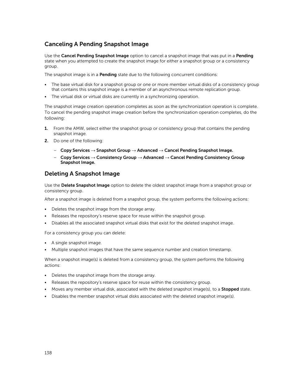 Canceling a pending snapshot image, Deleting a snapshot image | Dell PowerVault MD3820f User Manual | Page 138 / 243