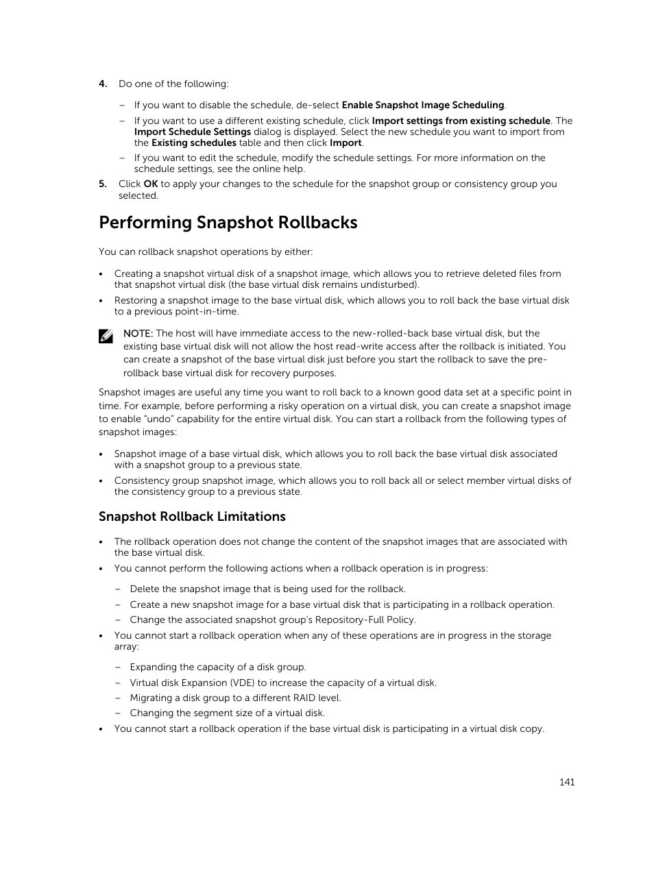 Performing snapshot rollbacks, Snapshot rollback limitations | Dell PowerVault MD3820f User Manual | Page 141 / 243