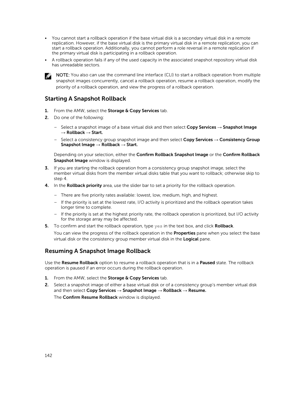 Starting a snapshot rollback, Resuming a snapshot image rollback | Dell PowerVault MD3820f User Manual | Page 142 / 243