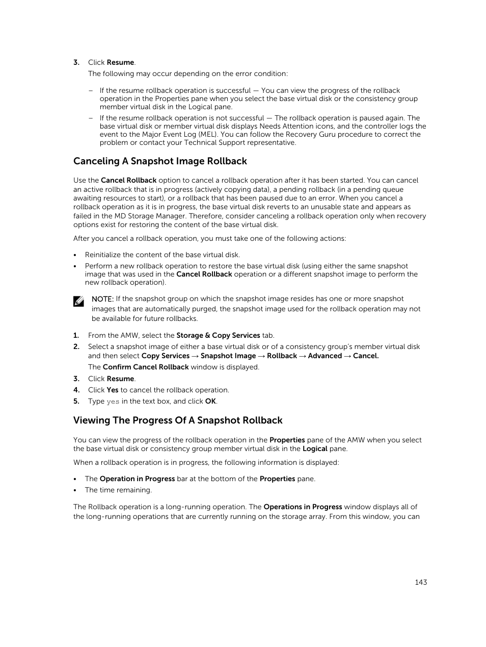 Canceling a snapshot image rollback, Viewing the progress of a snapshot rollback | Dell PowerVault MD3820f User Manual | Page 143 / 243