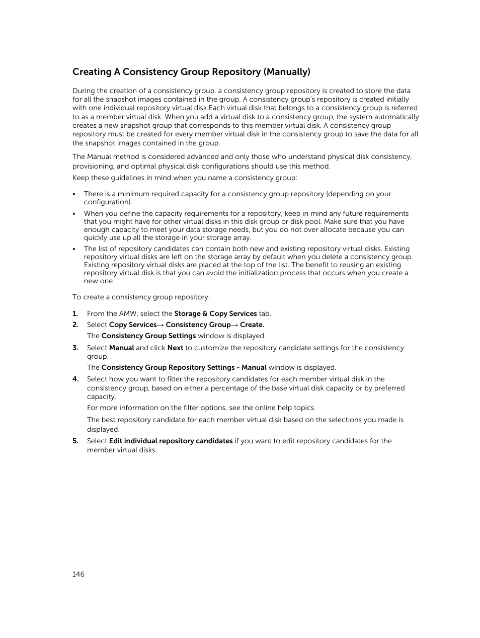Creating a consistency group repository (manually) | Dell PowerVault MD3820f User Manual | Page 146 / 243