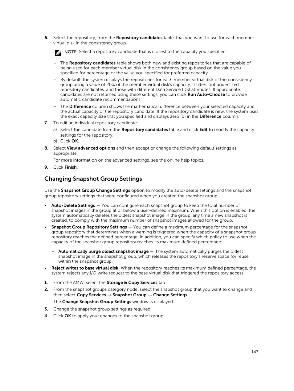 Changing snapshot group settings | Dell PowerVault MD3820f User Manual | Page 147 / 243