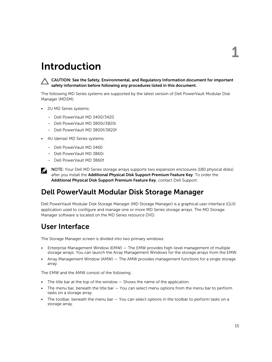 Introduction, Dell powervault modular disk storage manager, User interface | 1 introduction | Dell PowerVault MD3820f User Manual | Page 15 / 243