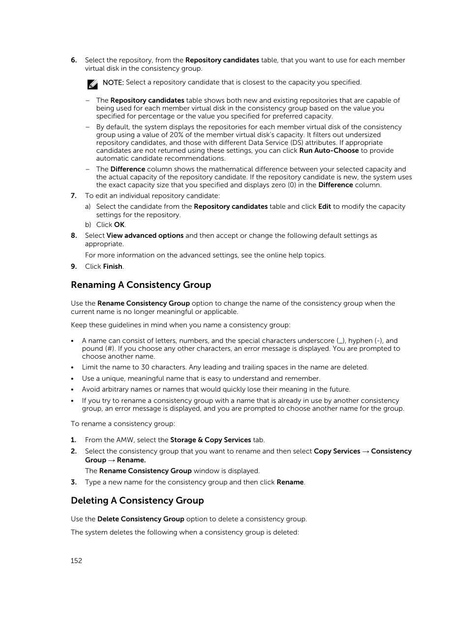 Renaming a consistency group, Deleting a consistency group | Dell PowerVault MD3820f User Manual | Page 152 / 243