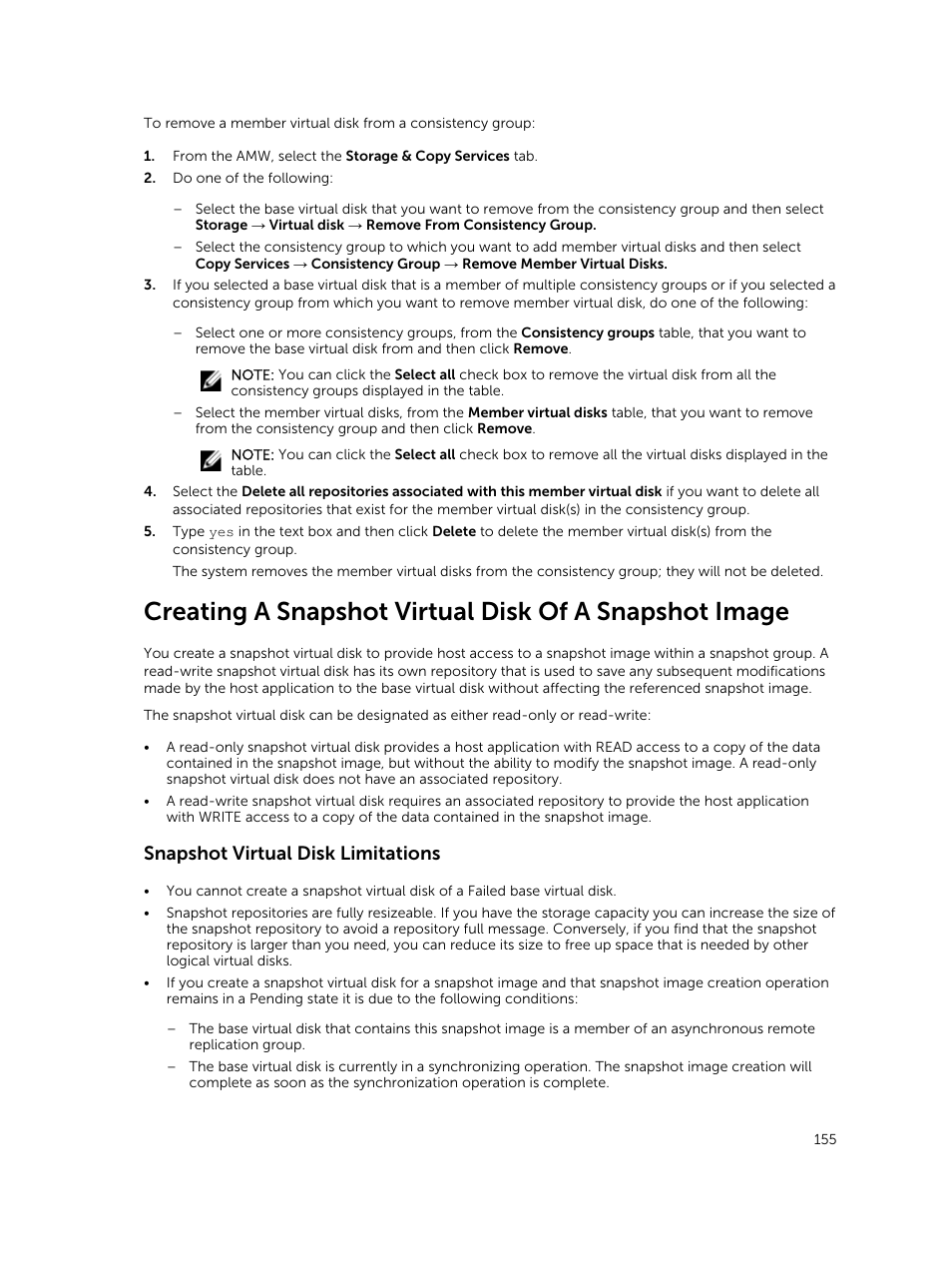 Snapshot virtual disk limitations | Dell PowerVault MD3820f User Manual | Page 155 / 243