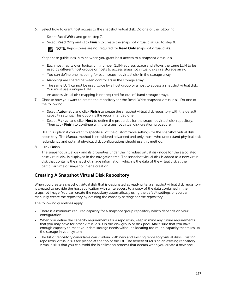Creating a snapshot virtual disk repository | Dell PowerVault MD3820f User Manual | Page 157 / 243