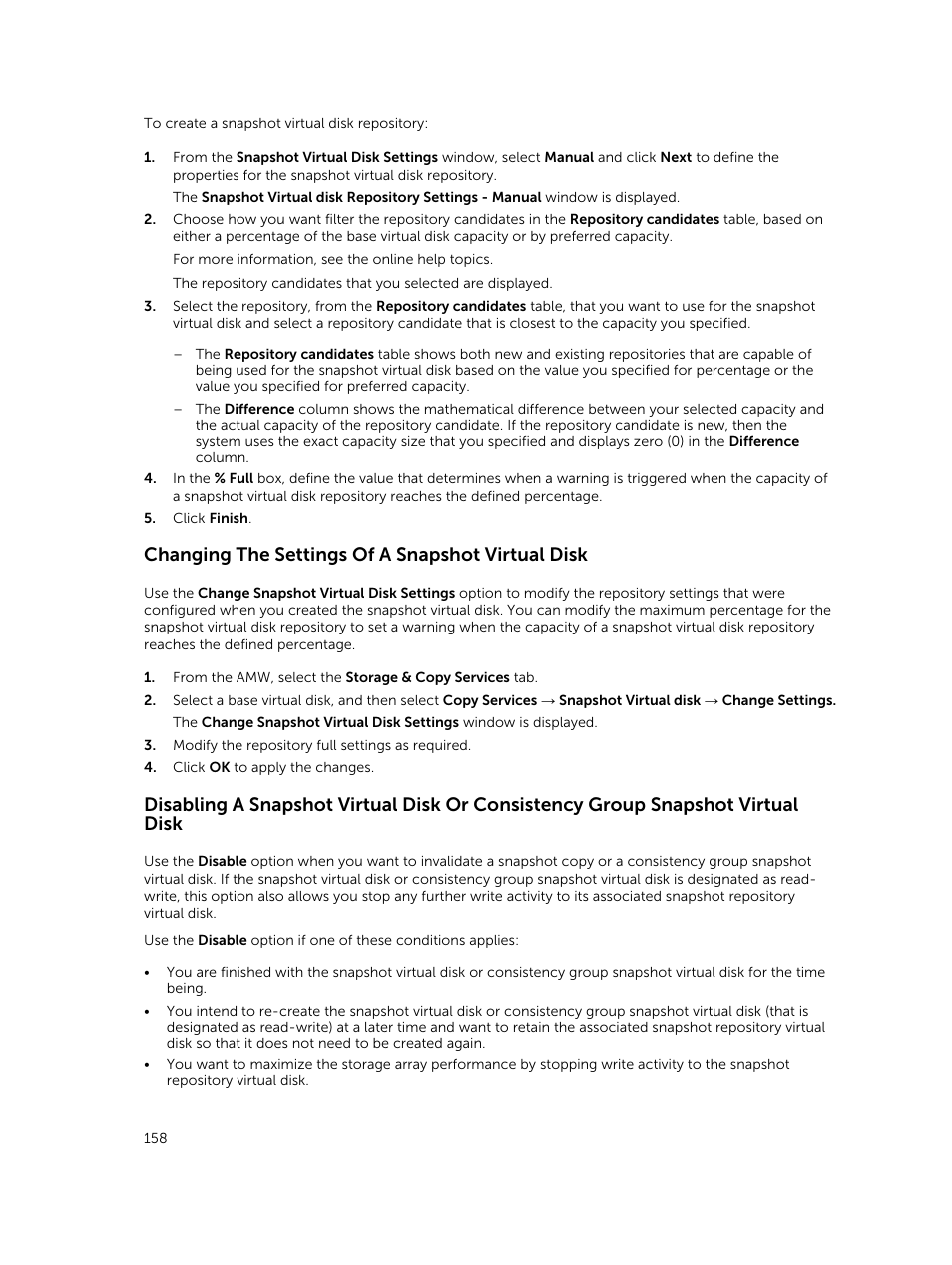 Changing the settings of a snapshot virtual disk | Dell PowerVault MD3820f User Manual | Page 158 / 243