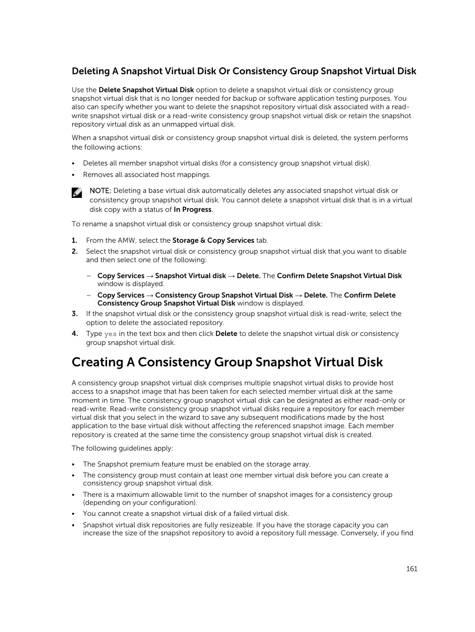 Creating a consistency group snapshot virtual disk | Dell PowerVault MD3820f User Manual | Page 161 / 243