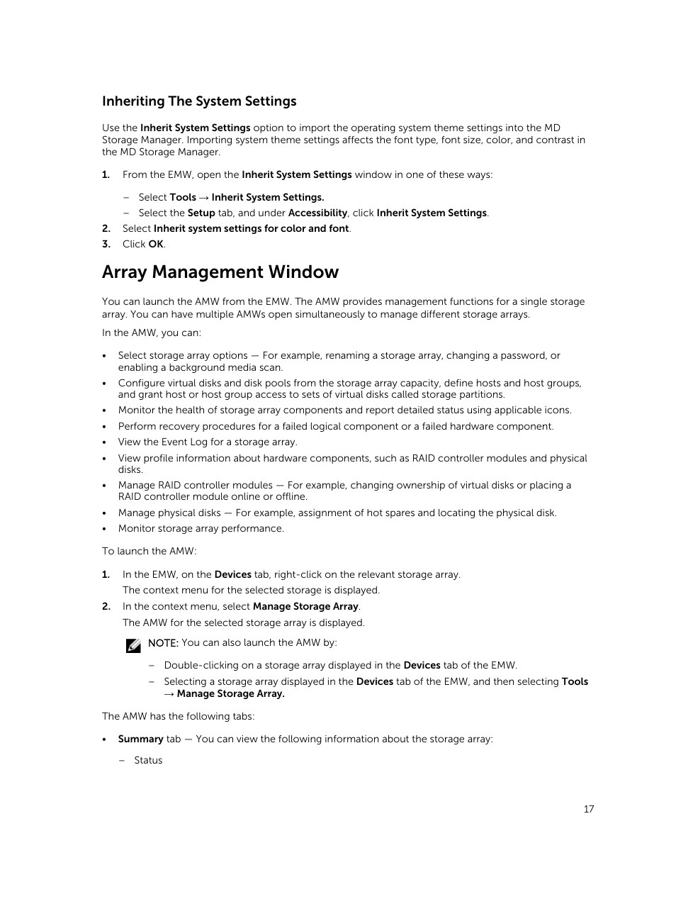 Inheriting the system settings, Array management window | Dell PowerVault MD3820f User Manual | Page 17 / 243