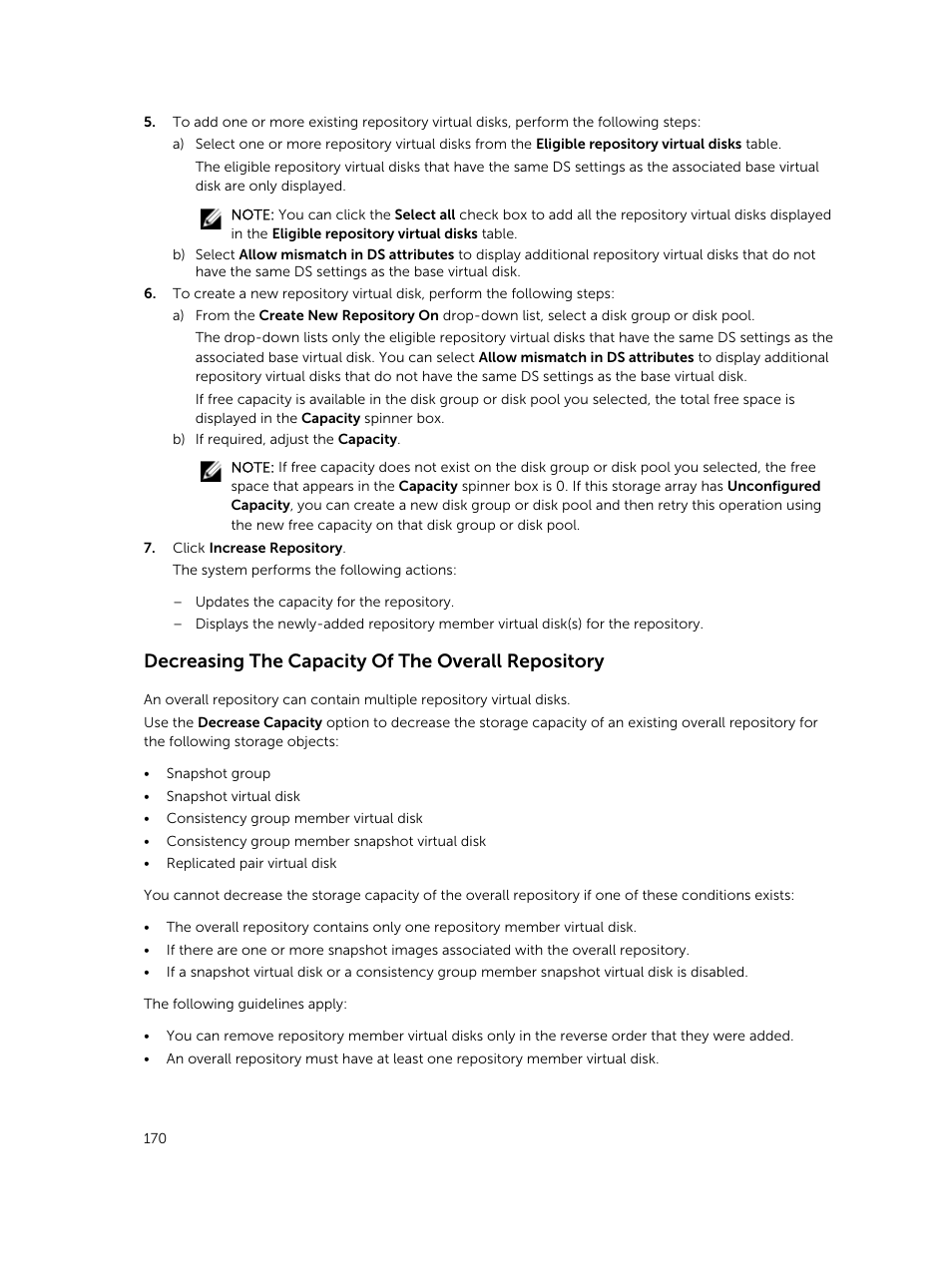 Decreasing the capacity of the overall repository | Dell PowerVault MD3820f User Manual | Page 170 / 243