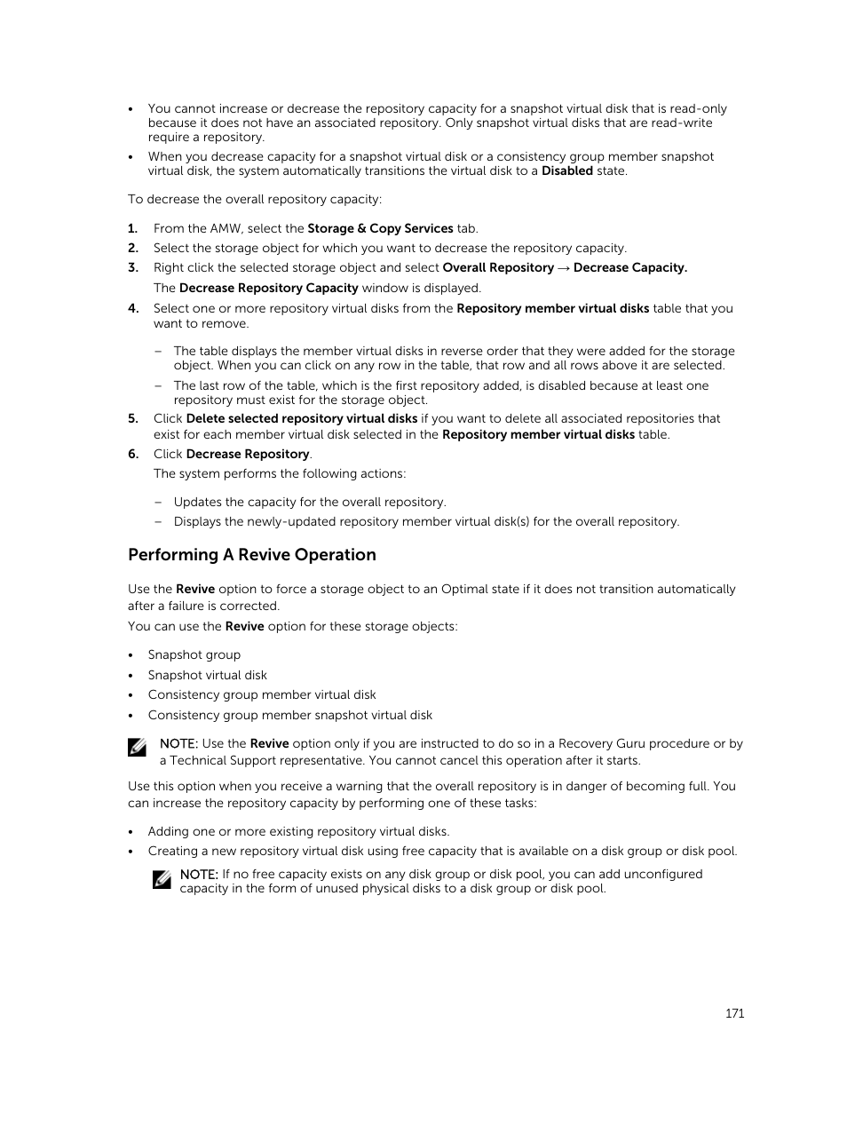 Performing a revive operation | Dell PowerVault MD3820f User Manual | Page 171 / 243