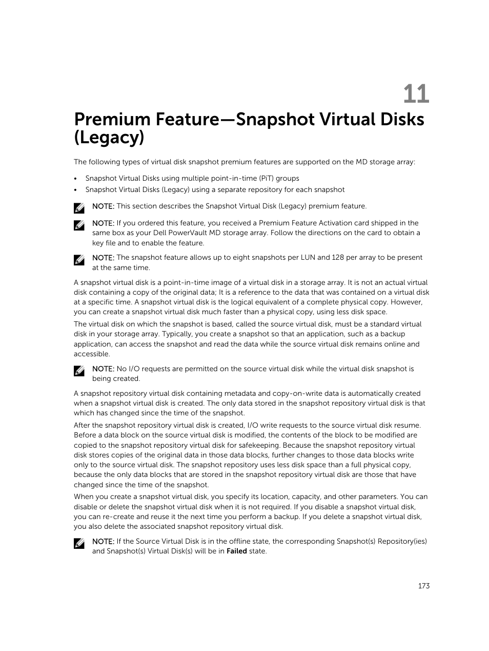 Premium feature—snapshot virtual disks (legacy), 11 premium feature—snapshot virtual disks (legacy), Premium feature—snapshot | Virtual disks (legacy) | Dell PowerVault MD3820f User Manual | Page 173 / 243