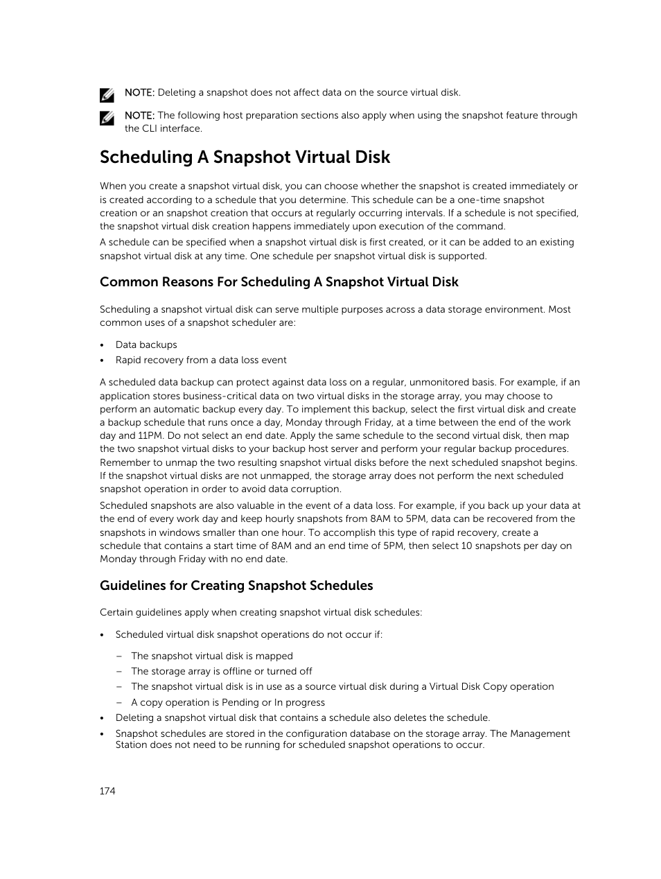 Scheduling a snapshot virtual disk, Guidelines for creating snapshot schedules | Dell PowerVault MD3820f User Manual | Page 174 / 243