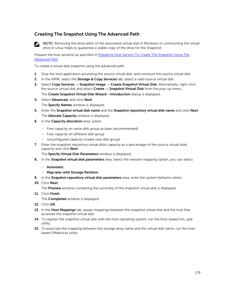 Creating the snapshot using the advanced path | Dell PowerVault MD3820f User Manual | Page 179 / 243