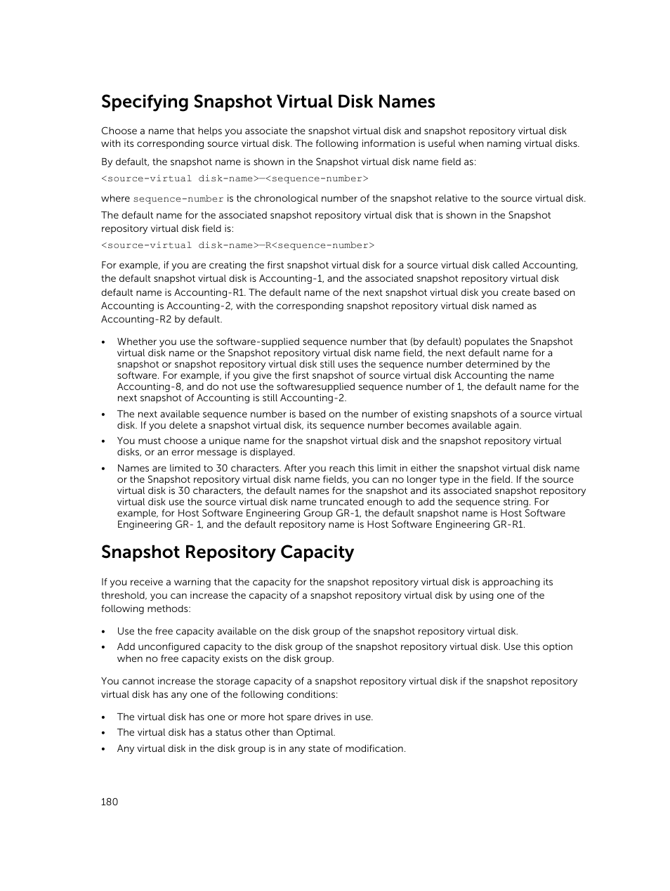 Specifying snapshot virtual disk names, Snapshot repository capacity, Snapshot | Repository capacity | Dell PowerVault MD3820f User Manual | Page 180 / 243