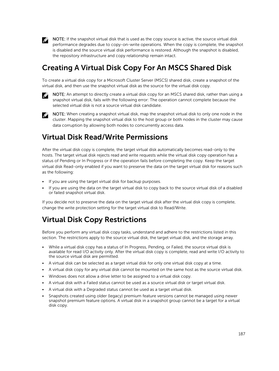 Virtual disk read/write permissions, Virtual disk copy restrictions | Dell PowerVault MD3820f User Manual | Page 187 / 243