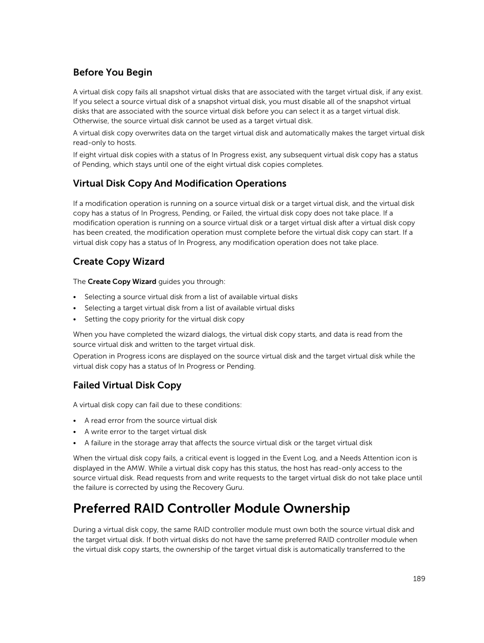 Before you begin, Virtual disk copy and modification operations, Create copy wizard | Failed virtual disk copy, Preferred raid controller module ownership | Dell PowerVault MD3820f User Manual | Page 189 / 243