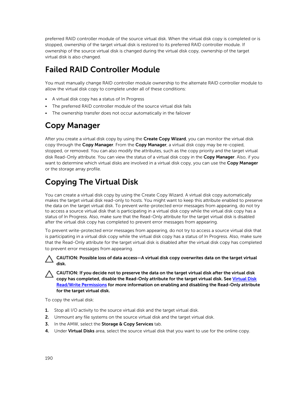 Failed raid controller module, Copy manager, Copying the virtual disk | Dell PowerVault MD3820f User Manual | Page 190 / 243