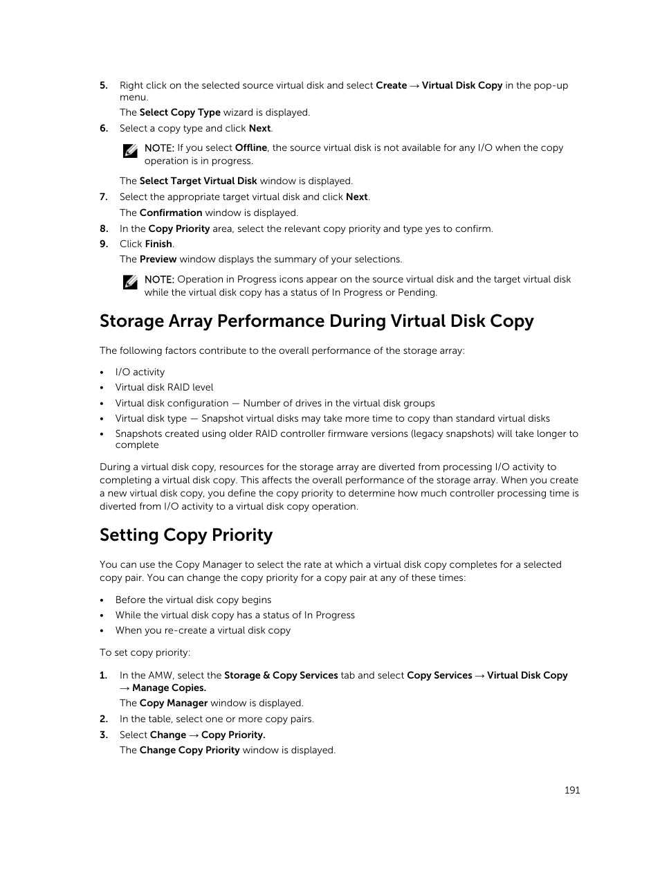 Storage array performance during virtual disk copy, Setting copy priority | Dell PowerVault MD3820f User Manual | Page 191 / 243