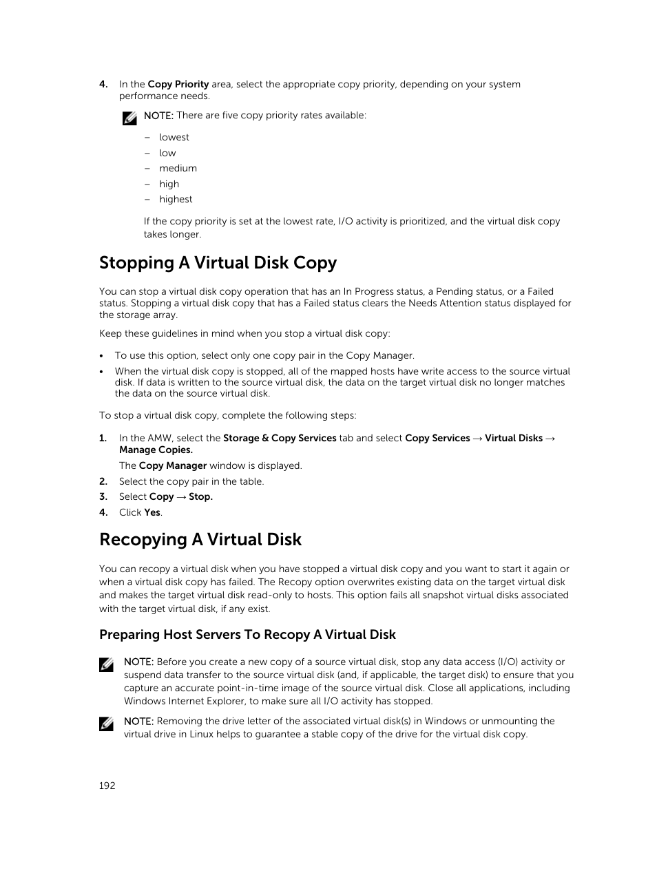 Stopping a virtual disk copy, Recopying a virtual disk, Preparing host servers to recopy a virtual disk | Dell PowerVault MD3820f User Manual | Page 192 / 243