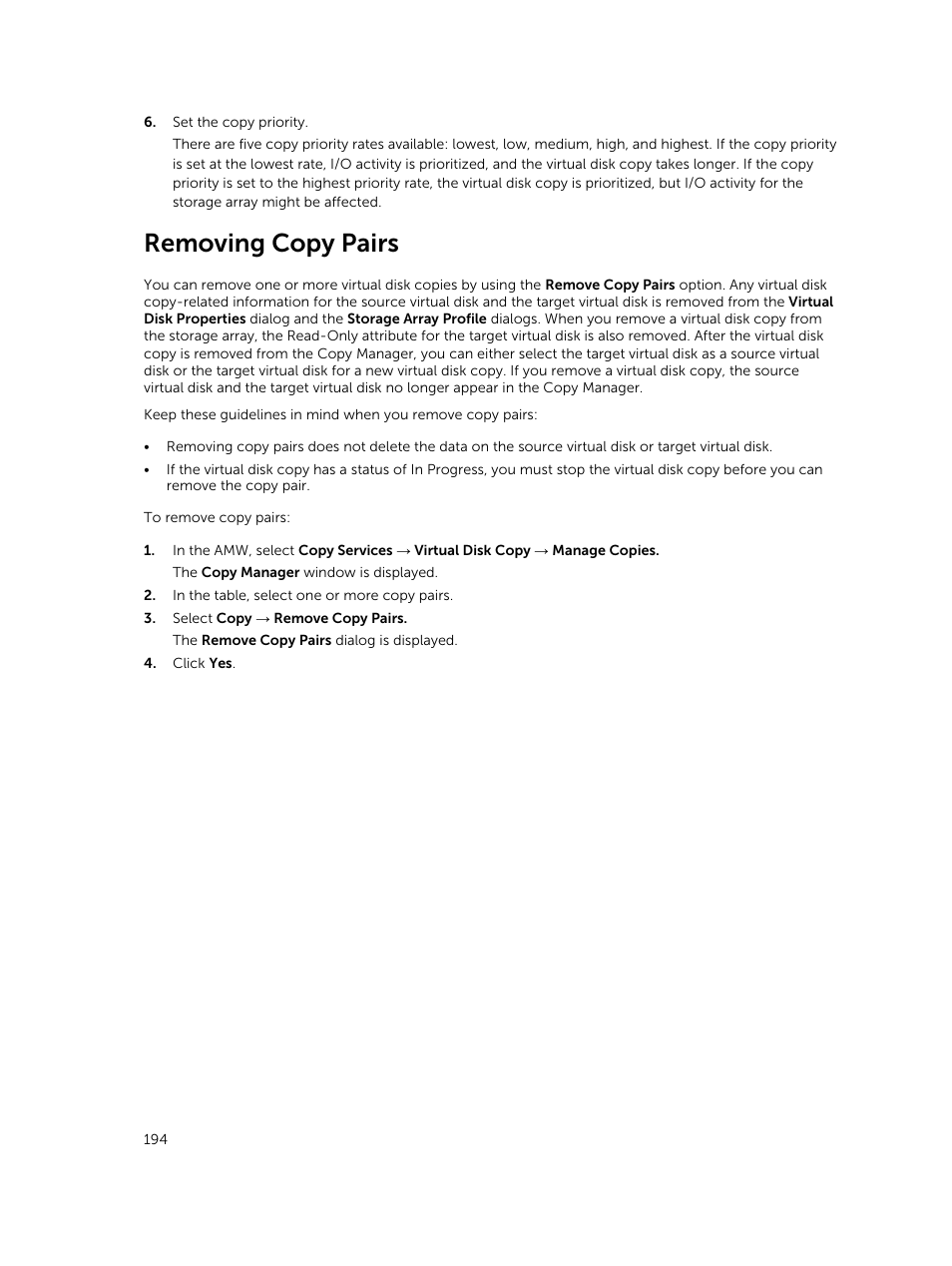 Removing copy pairs | Dell PowerVault MD3820f User Manual | Page 194 / 243