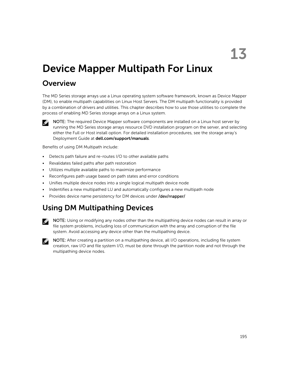 Device mapper multipath for linux, Overview, Using dm multipathing devices | 13 device mapper multipath for linux, For more information on | Dell PowerVault MD3820f User Manual | Page 195 / 243