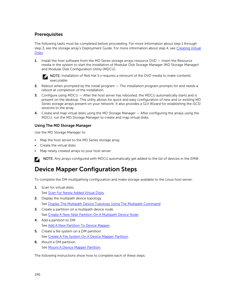 Prerequisites, Device mapper configuration steps | Dell PowerVault MD3820f User Manual | Page 196 / 243