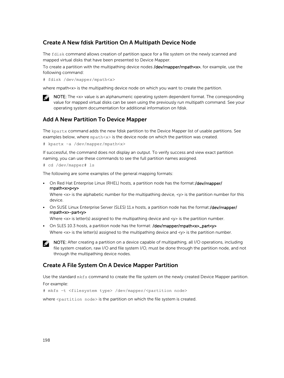 Add a new partition to device mapper, Create a file system on a device mapper partition | Dell PowerVault MD3820f User Manual | Page 198 / 243
