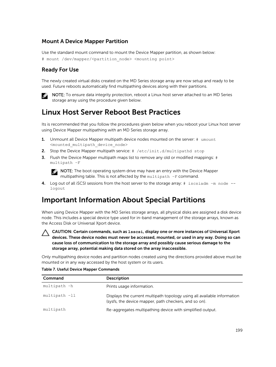 Mount a device mapper partition, Ready for use, Linux host server reboot best practices | Important information about special partitions | Dell PowerVault MD3820f User Manual | Page 199 / 243