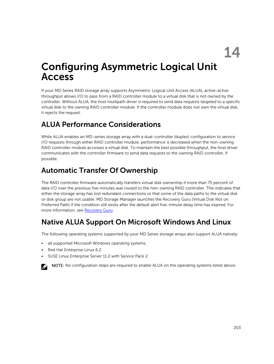 Configuring asymmetric logical unit access, Alua performance considerations, Automatic transfer of ownership | Native alua support on microsoft windows and linux, 14 configuring asymmetric logical unit access | Dell PowerVault MD3820f User Manual | Page 203 / 243