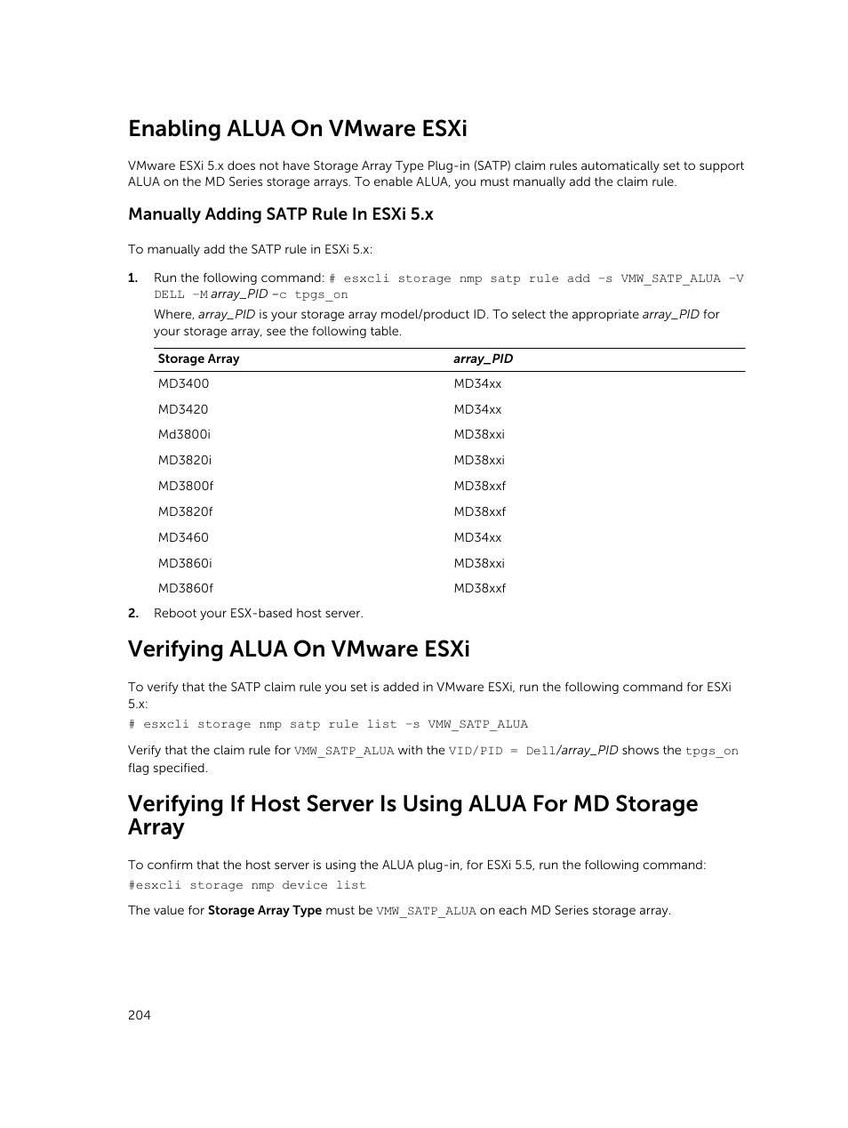 Enabling alua on vmware esxi, Manually adding satp rule in esxi 5.x, Verifying alua on vmware esxi | Dell PowerVault MD3820f User Manual | Page 204 / 243