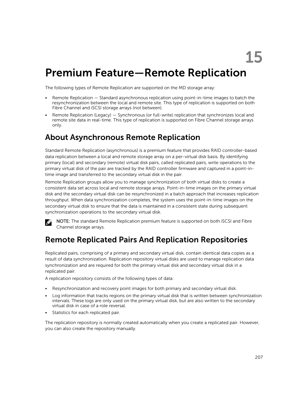 Premium feature—remote replication, About asynchronous remote replication, 15 premium feature—remote replication | Dell PowerVault MD3820f User Manual | Page 207 / 243
