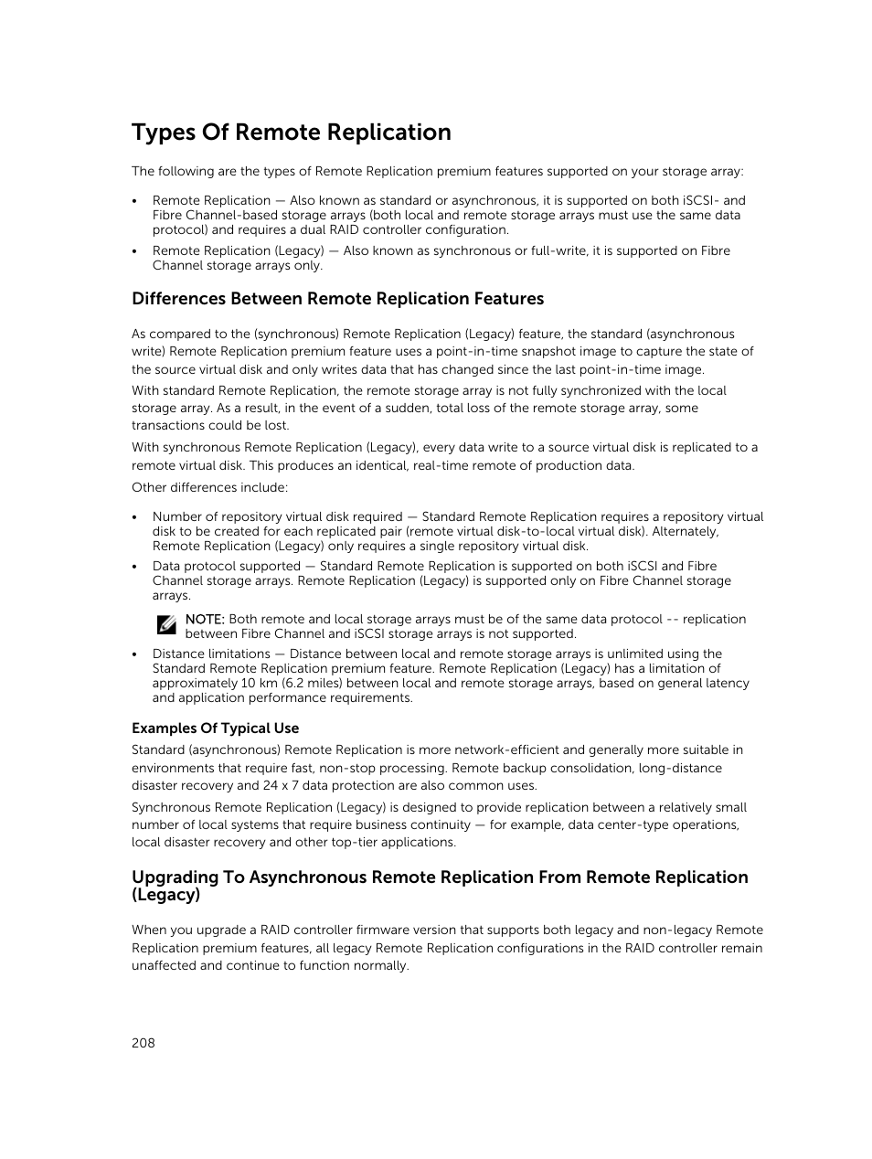 Types of remote replication, Differences between remote replication features | Dell PowerVault MD3820f User Manual | Page 208 / 243