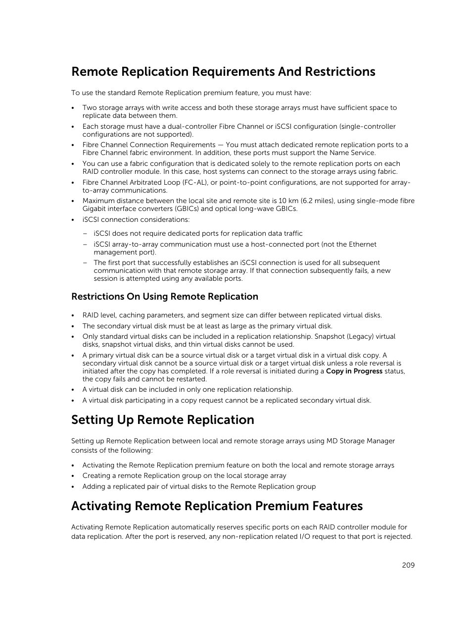 Remote replication requirements and restrictions, Restrictions on using remote replication, Setting up remote replication | Activating remote replication premium features | Dell PowerVault MD3820f User Manual | Page 209 / 243