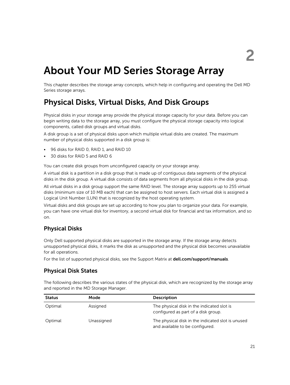 About your md series storage array, Physical disks, virtual disks, and disk groups, Physical disks | Physical disk states, 2 about your md series storage array | Dell PowerVault MD3820f User Manual | Page 21 / 243