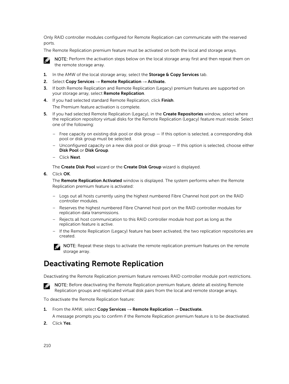 Deactivating remote replication | Dell PowerVault MD3820f User Manual | Page 210 / 243