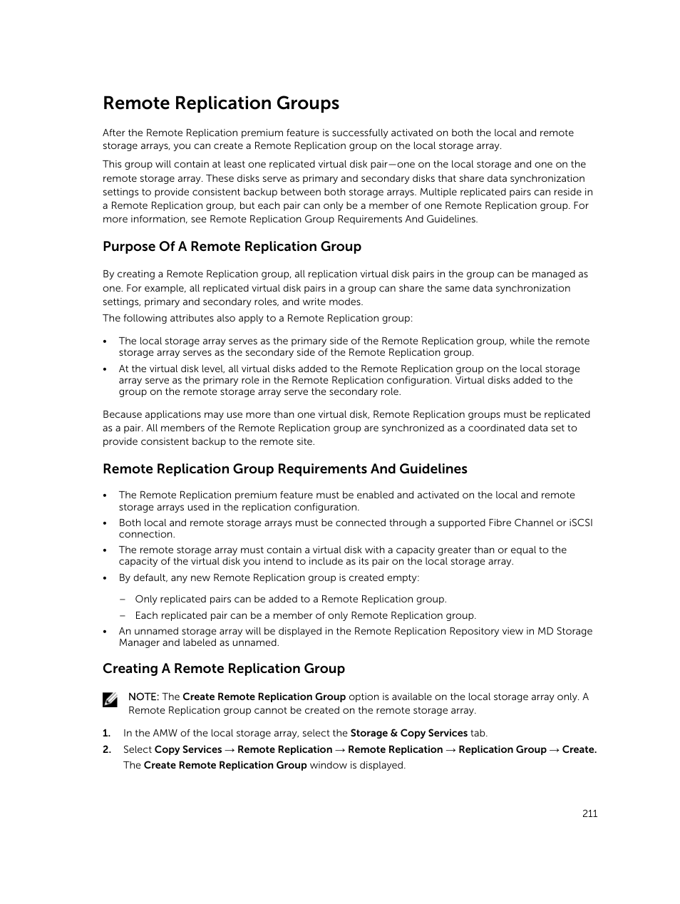 Remote replication groups, Purpose of a remote replication group, Creating a remote replication group | Dell PowerVault MD3820f User Manual | Page 211 / 243