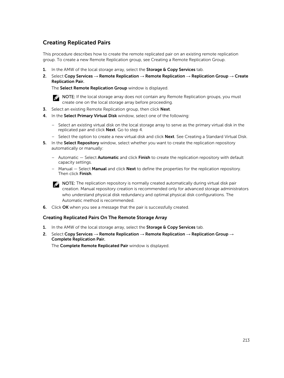 Creating replicated pairs | Dell PowerVault MD3820f User Manual | Page 213 / 243