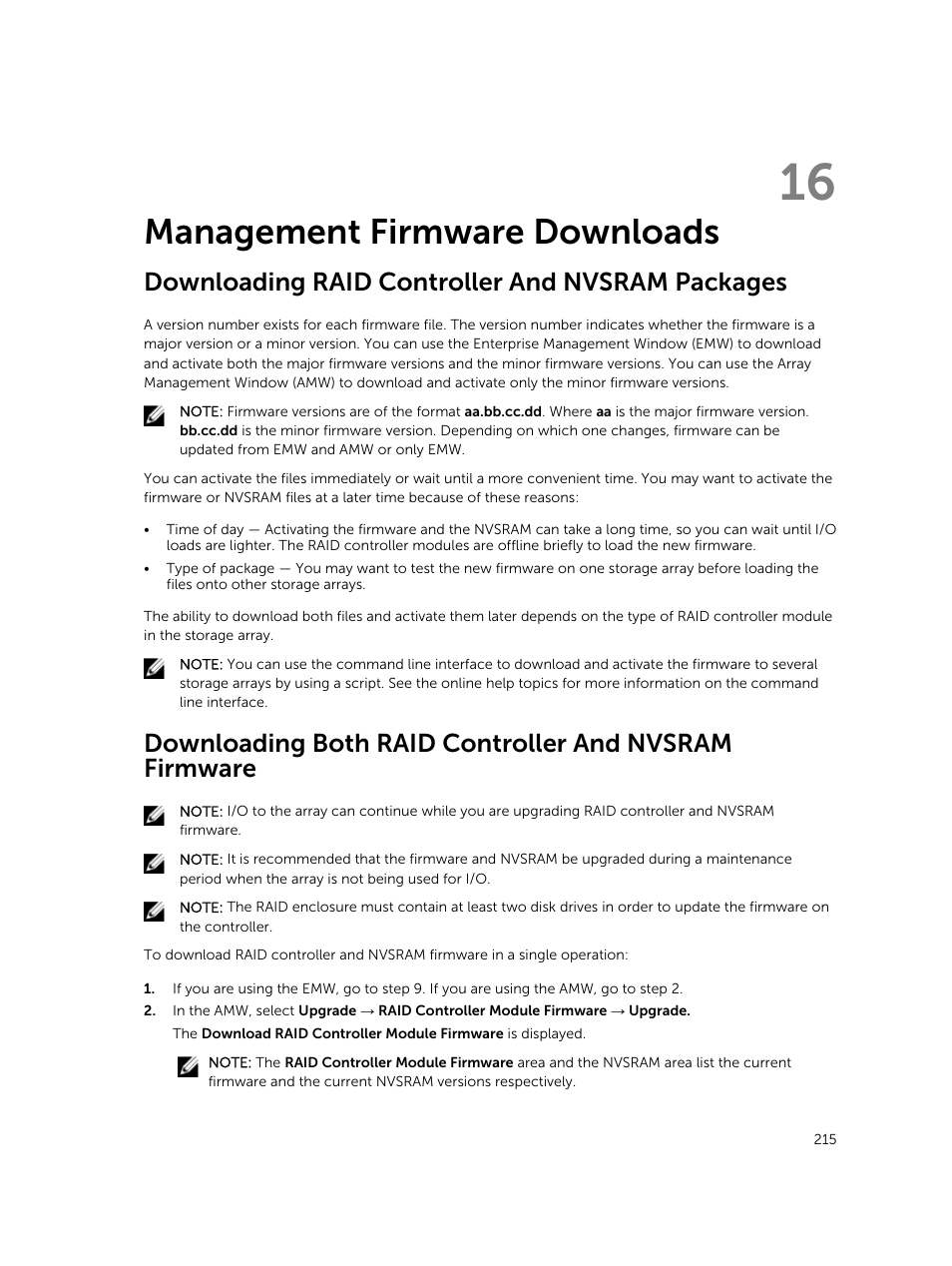 Management firmware downloads, Downloading raid controller and nvsram packages, 16 management firmware downloads | Dell PowerVault MD3820f User Manual | Page 215 / 243