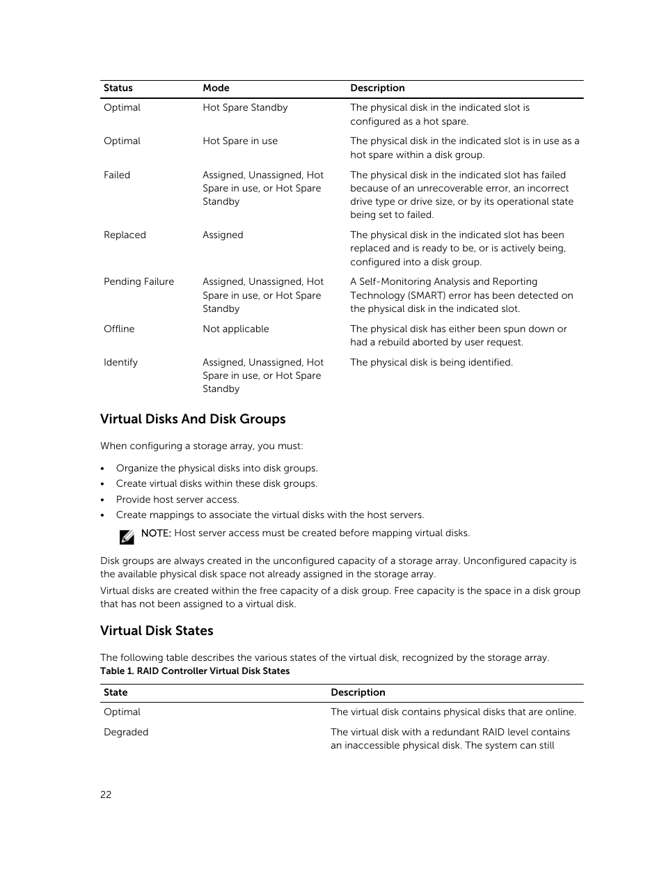 Virtual disks and disk groups, Virtual disk states | Dell PowerVault MD3820f User Manual | Page 22 / 243