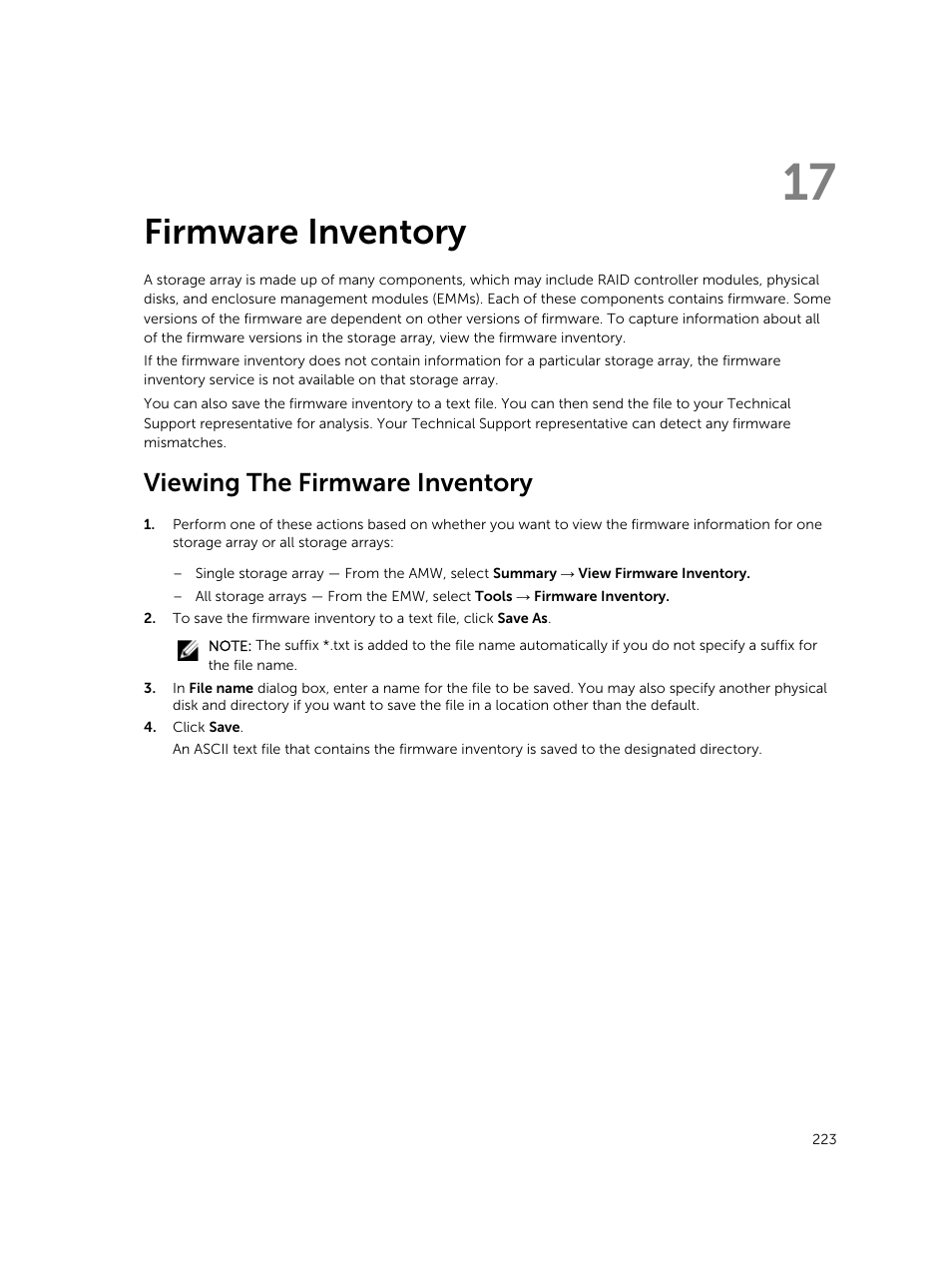 Firmware inventory, Viewing the firmware inventory, 17 firmware inventory | Dell PowerVault MD3820f User Manual | Page 223 / 243