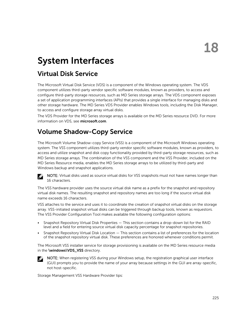 System interfaces, Virtual disk service, Volume shadow-copy service | 18 system interfaces | Dell PowerVault MD3820f User Manual | Page 225 / 243