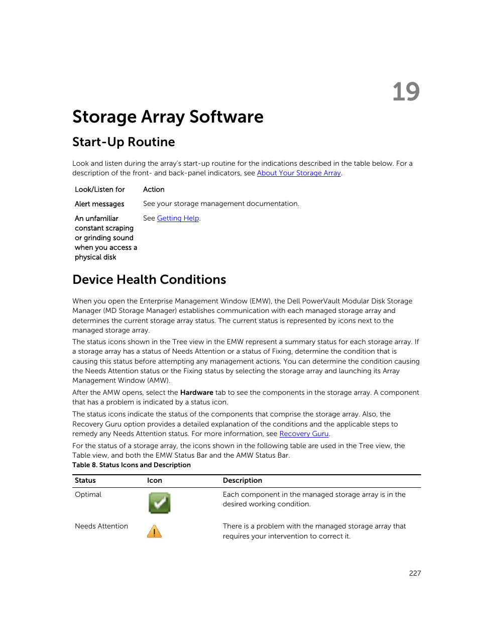 Storage array software, Start-up routine, Device health conditions | 19 storage array software | Dell PowerVault MD3820f User Manual | Page 227 / 243