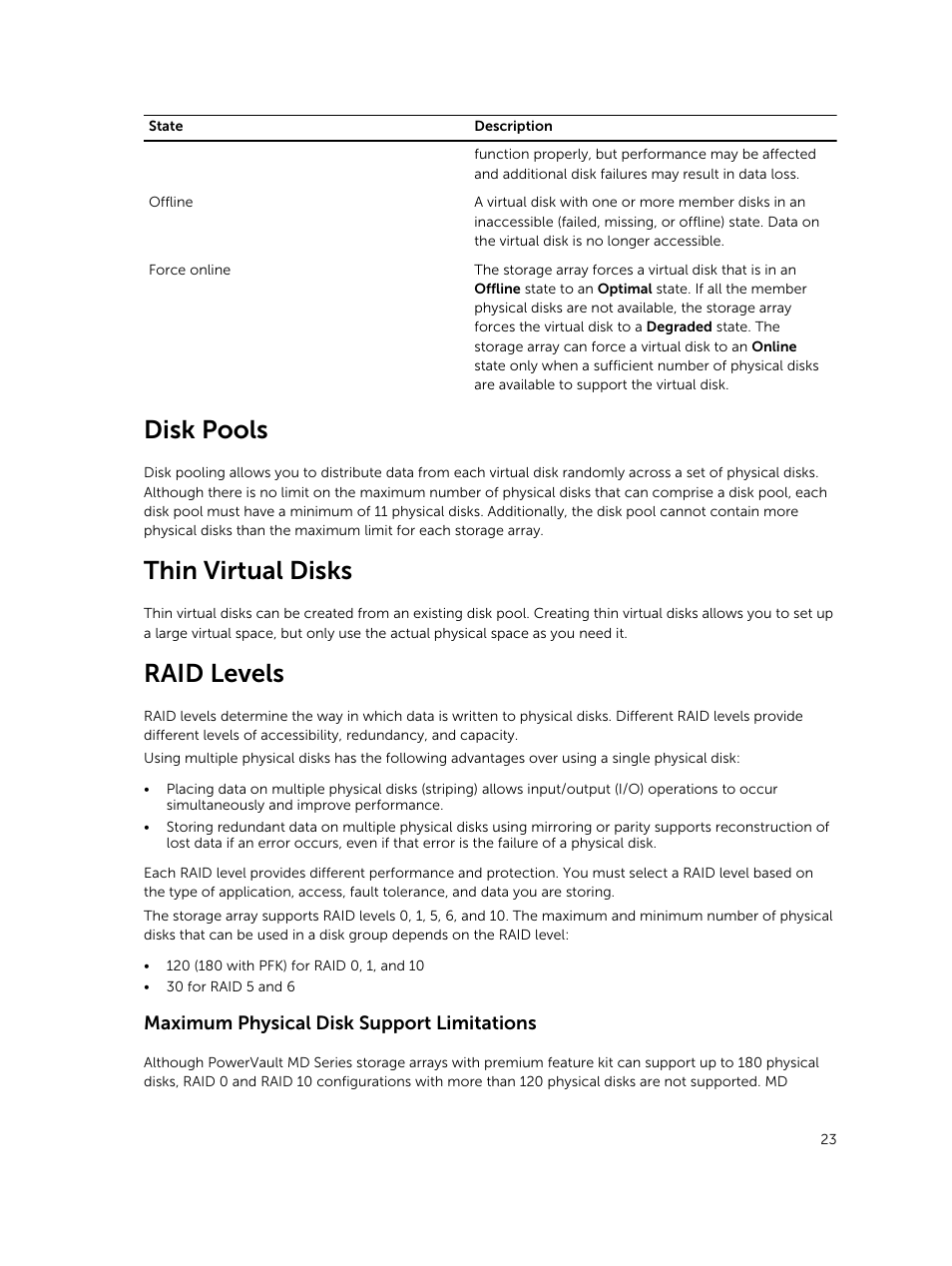 Disk pools, Thin virtual disks, Raid levels | Maximum physical disk support limitations | Dell PowerVault MD3820f User Manual | Page 23 / 243