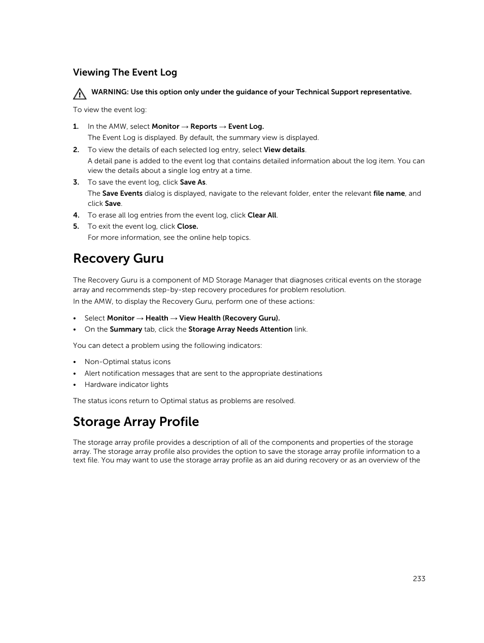 Viewing the event log, Recovery guru, Storage array profile | Dell PowerVault MD3820f User Manual | Page 233 / 243