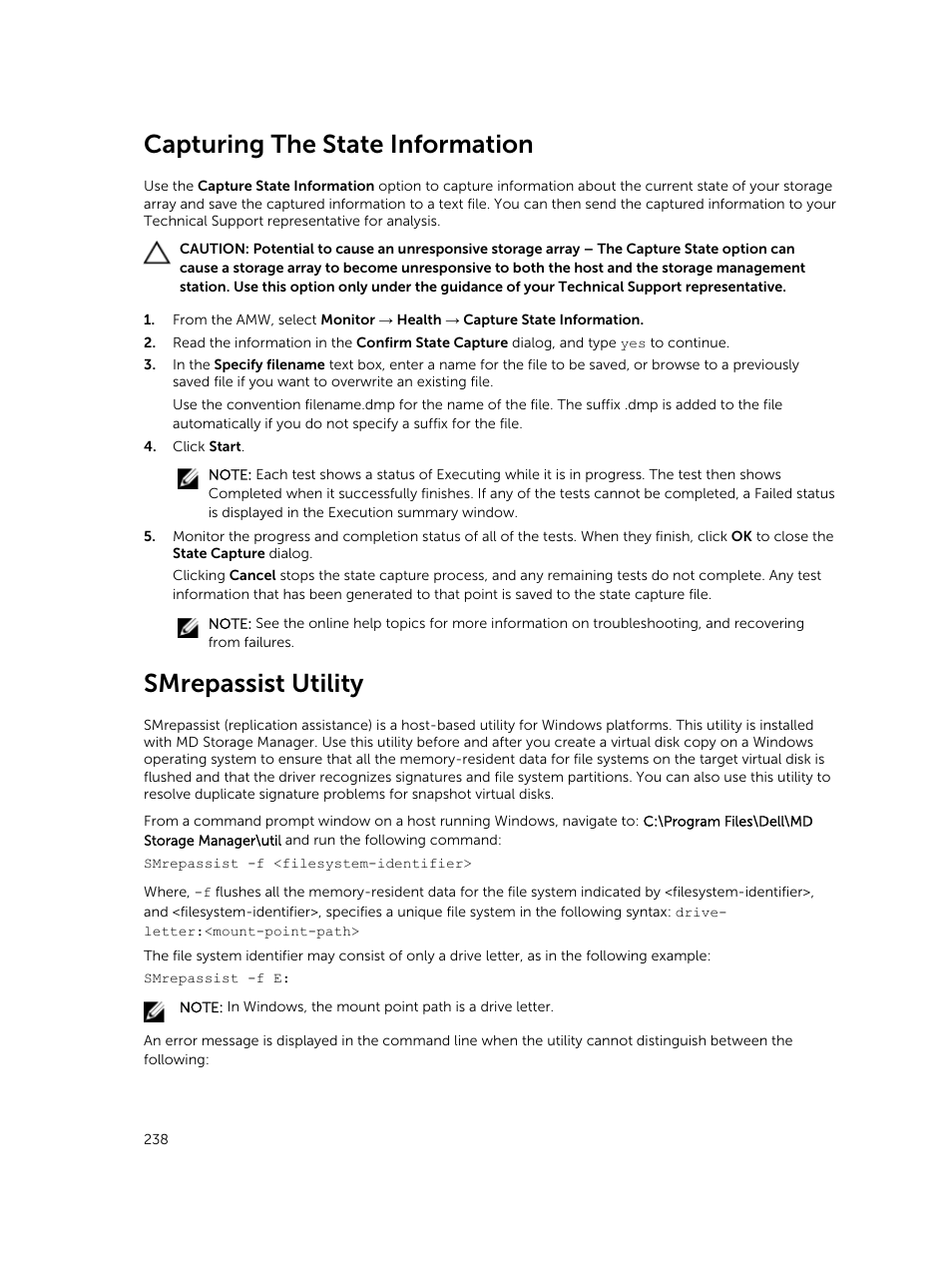 Capturing the state information, Smrepassist utility, And press <enter>. for more information, see | Dell PowerVault MD3820f User Manual | Page 238 / 243