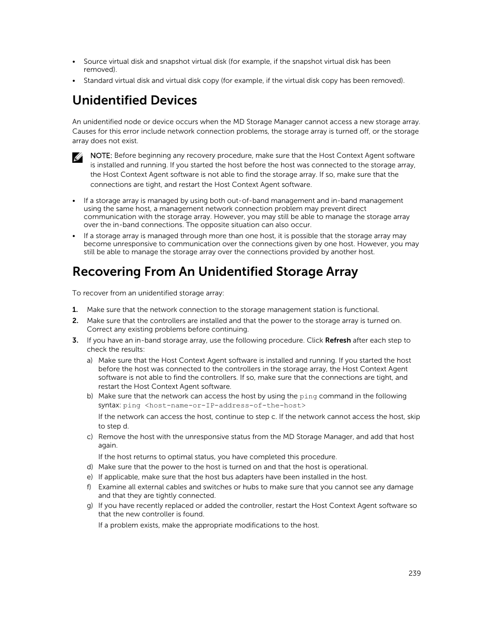 Unidentified devices, Recovering from an unidentified storage array | Dell PowerVault MD3820f User Manual | Page 239 / 243